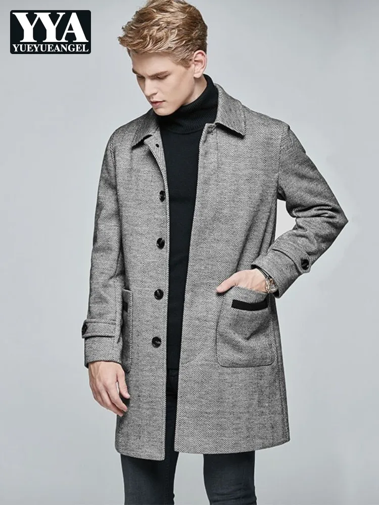 

Large Size 5XL 6XL Mens Business Casual Striped Woolen Coat Single Breasted Medium Long Turndown Collar Windbreakers Overcoat