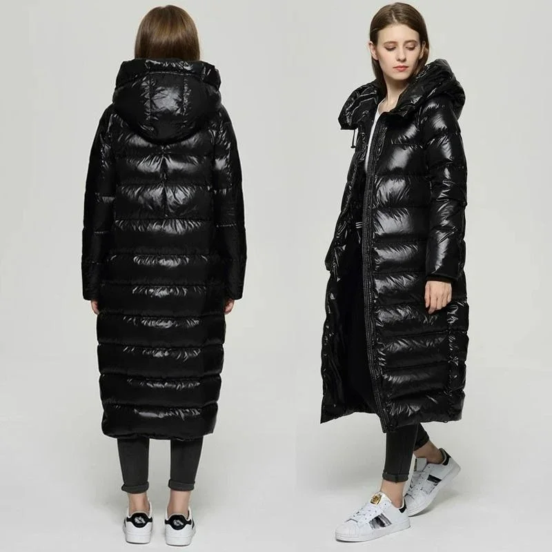 Hot Sale Down Jacket Women's Long Over The Knee Fashion Thin Winter New Version Thick Bright Face Super Long Hooded Coat Warm