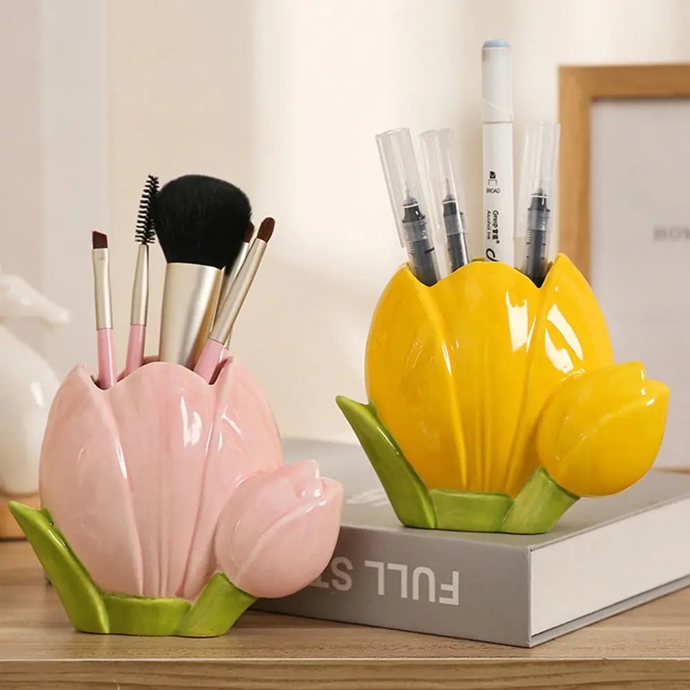 

Cute Tulip Flower Pen Holder Aesthetic Retro Makeup Brush Storage Bucket Multifunction Ceramic Stationery Shelf School Supplies