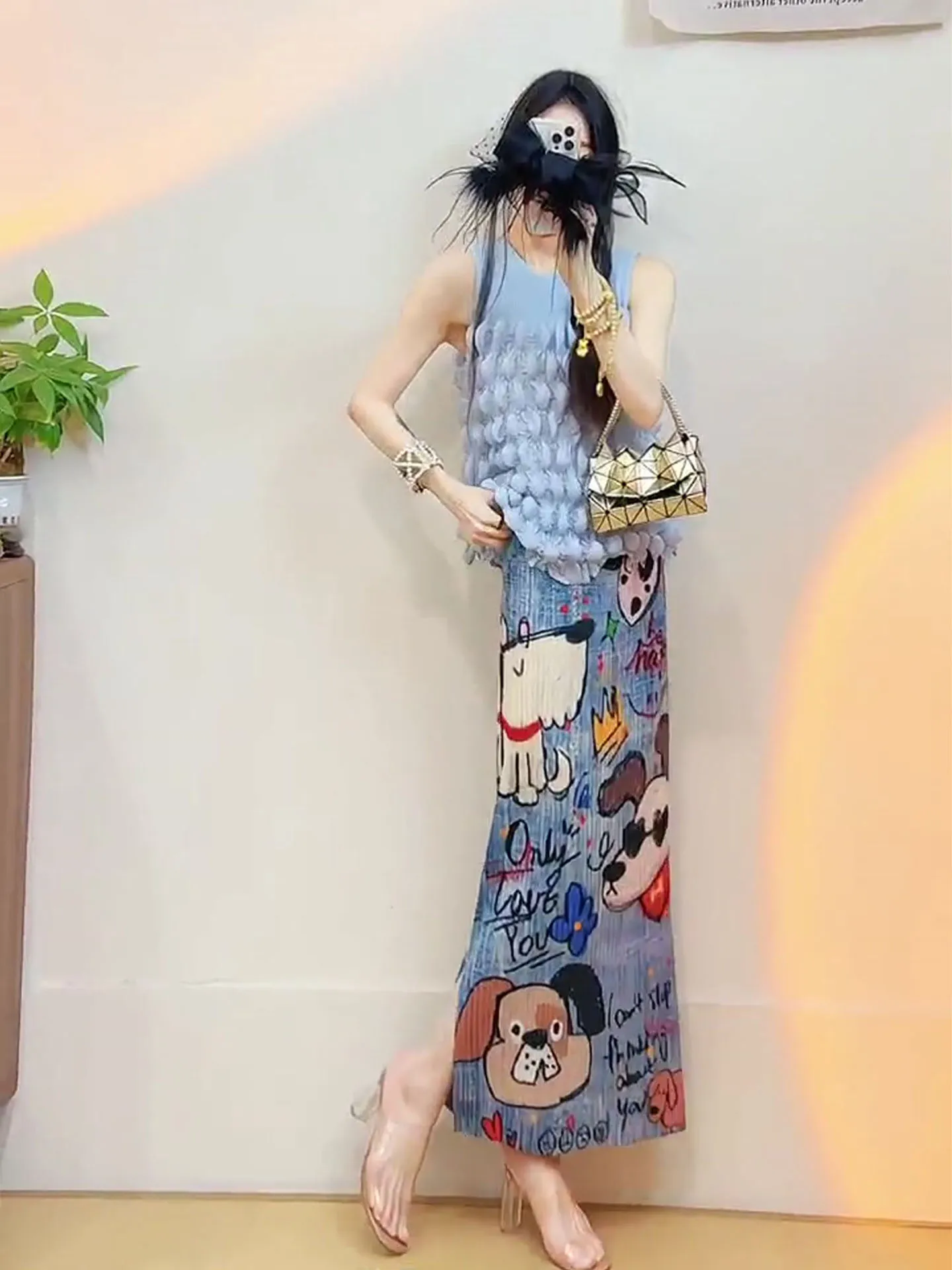 

Ретро-комплект: плиссированная синяя юбка и топ в корейском стиле, летний модный костюм из двух предметов от бренда Three Houses Art Creation, полиэстер