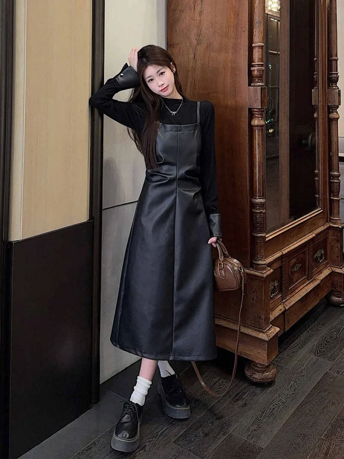 

Spring New plus Size Retro Waist-Cinching Long Sve Dr Women's High-End Feeling Patchwork Fake Two-Piece Leather Skirt
