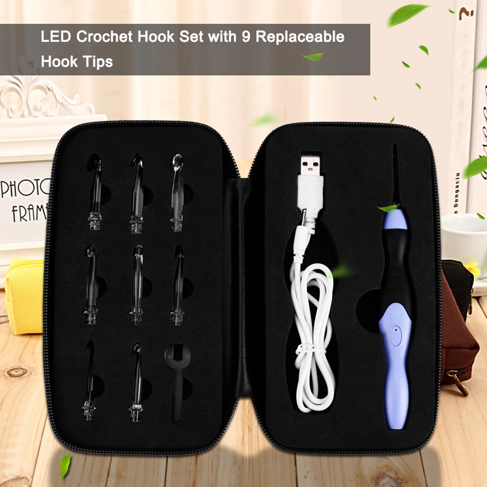 USB Recarregável LED Light Up Crochet Hook Set, Ferramenta de tricô com pontas substituíveis, 2.5-6.5mm