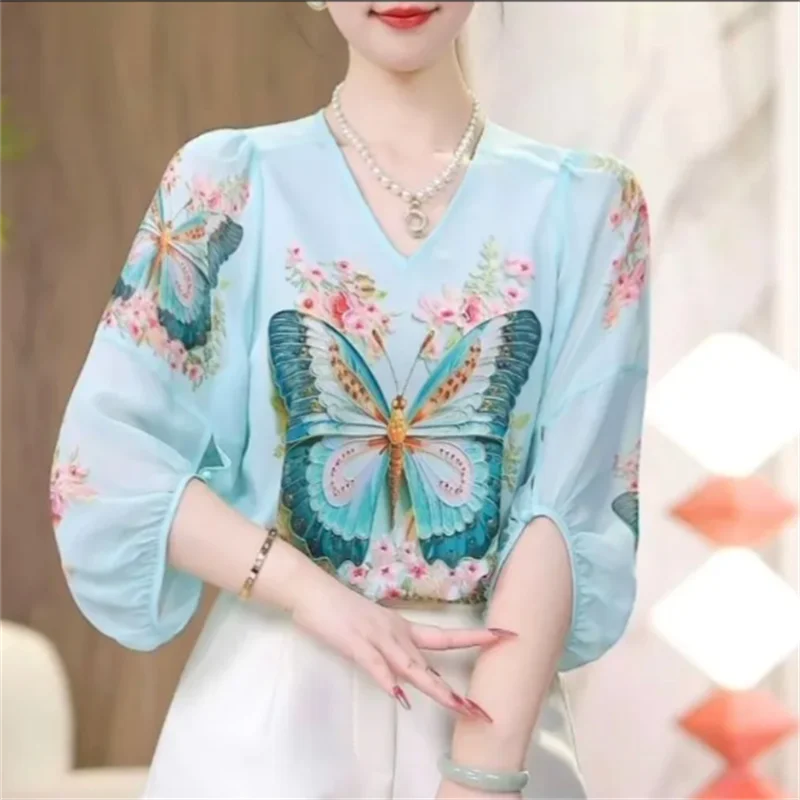 

Свободная блузка-пуловер с принтом бабочек, модная летняя женская рубашка с V-образным вырезом, рукавами-фонариками и цветочным шифоном