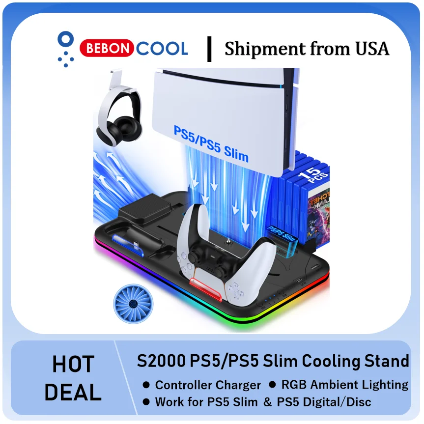 BEBONCOOL S2000 RGB Vertical Stand For NEW PlayStation 5 Slim/PlayStation 5 Cooling Station Notebook-Grade Cooler PS5 Charger