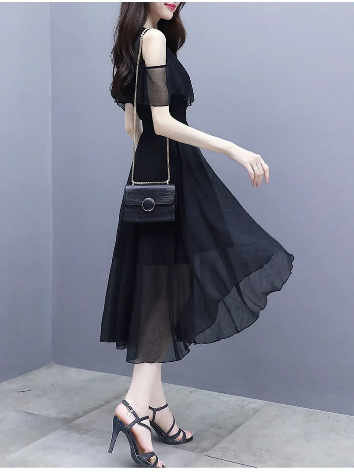 Grace Women's Clothing Black Long Dress Summer Clothes Waist Thin Fashion V Neck Chiffon Korean Version French Harajuku Dress