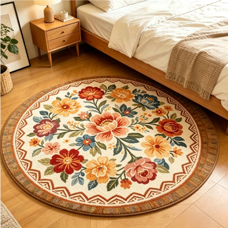 Realistic Red Rose Bouquet Round Rug  White Background Floral Circular Mat Non Slip Bedroom Living Room Decor Carpet