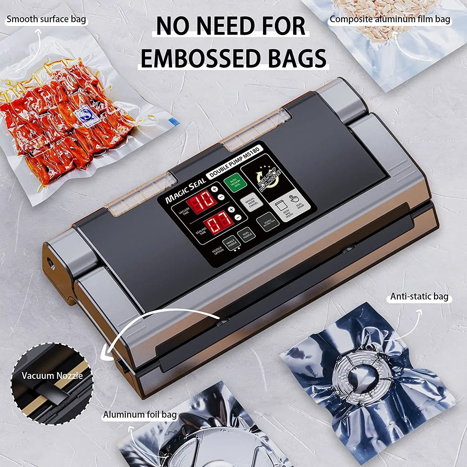 Пищевой вакуумный упаковщик MAGIC SEAL MS180, Профессиональный аппарат для сухой и влажной упаковки продуктов