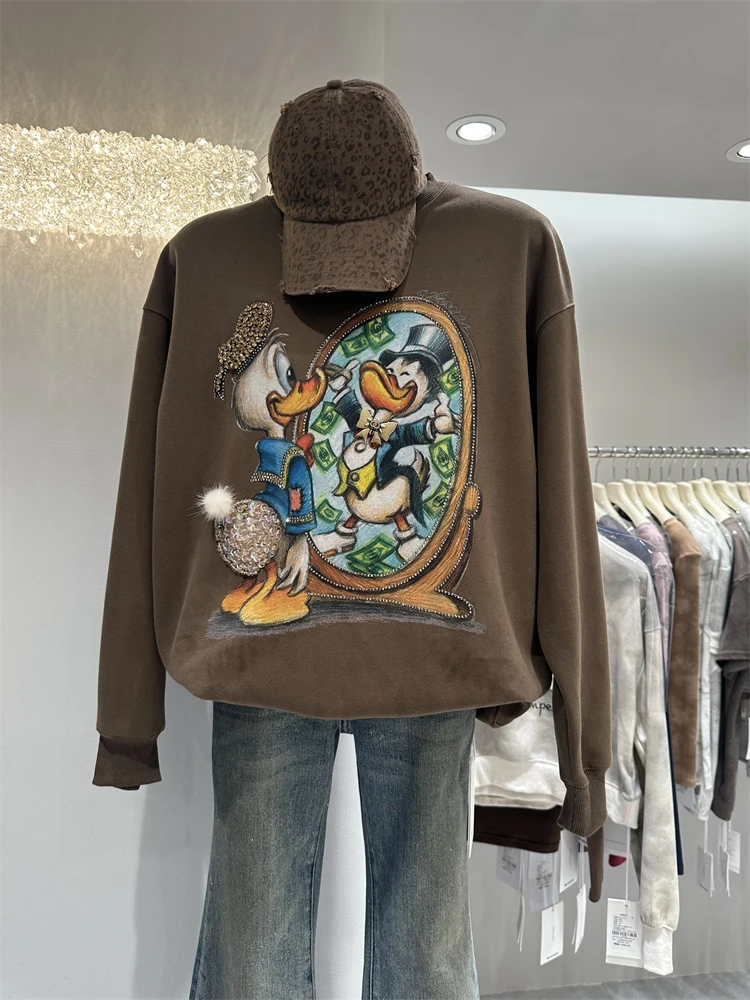 Oversize Hoodies Women 2024 Autumn New Loose Mid Length Heavy Industry Cartoon Print Rhinestone Long Sleeve Pullover Sweatshirts