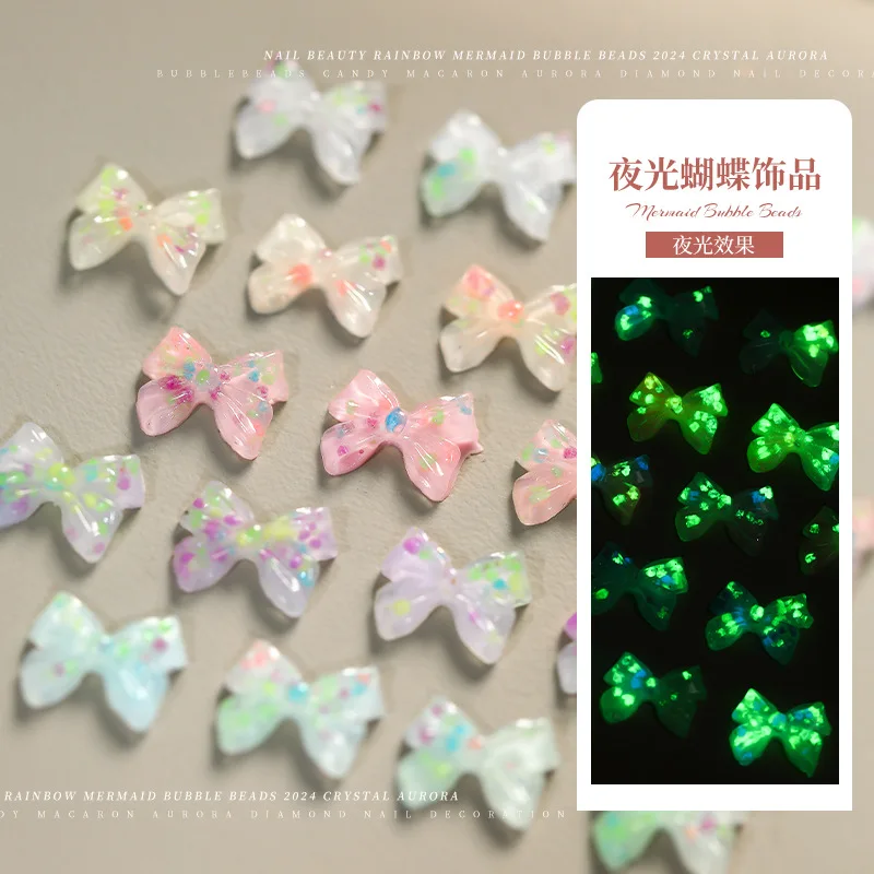 New 10pcs Night Light Bow Nail Resin Jewelry Three Dimensional Versatile Colorful Bow TieDIY Nail Art Decorations  Nail Supplies