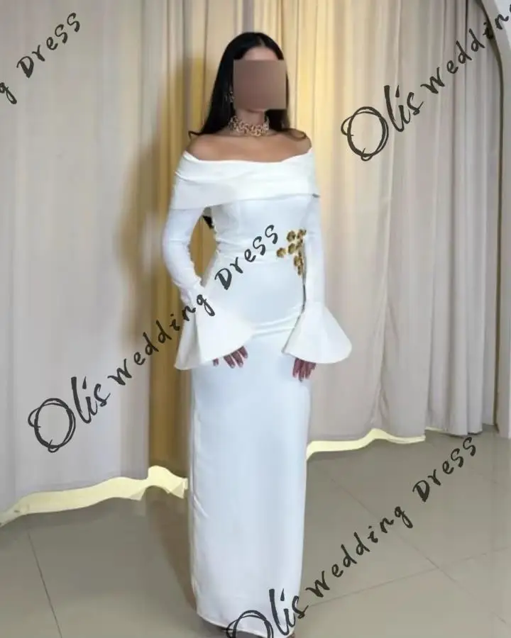 

customized Elegant Mermaid Long Sleeves Prom Dresses Off The Shoulder Floor Length Pleated Flowers Party Dresses Evening Dresses
