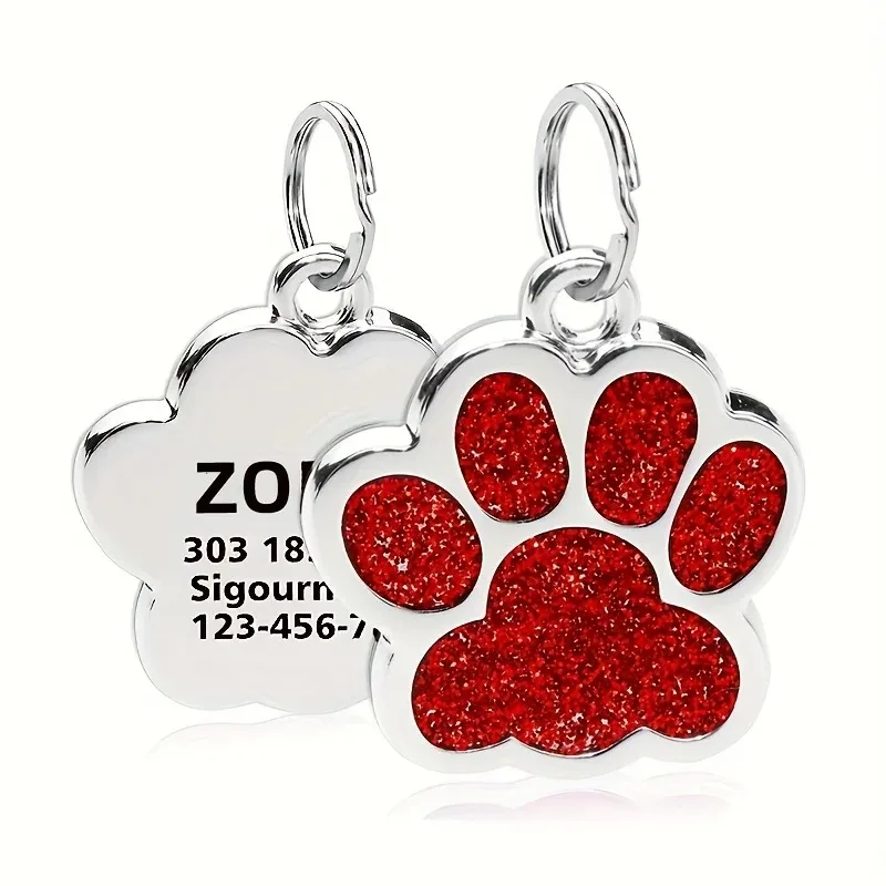 Personalisierter Text Hunde- und Katzen-Anhänger, individuell graviertes Haustier-ID-Namensschild, Edelstahl-Pfoten-Glitzer-Anhänger, Haustierzubehör für Hunde – Detail 6