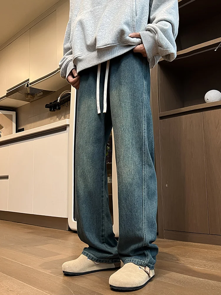 

Мужские джинсы в стиле ретро американского стритстайла: модные, свободные, прямые, повседневные, длинные брюки с эластичным поясом на шнурке, молодежные