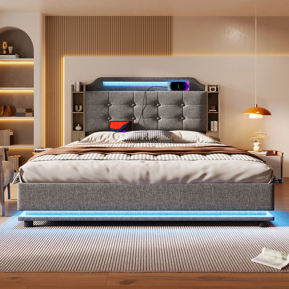 KOMHTOM Letto imbottito 140x200 cm Lino con barra luminosa a LED, contenitore idraulico, connettore USB + TYPE-C