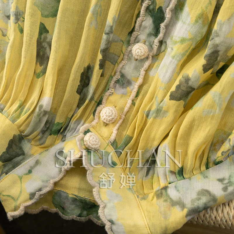 Bright Yellow in Early Autumn, Australian Niche Holiday Style 100 Ramie Stand-up Collar Lantern Sleeve Shirt Women