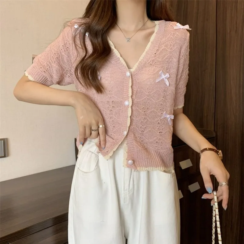 2024 Summer New Sweet Women Knitted V-neck T-shirt French Retro Versatile Breathable Short-sleeved Bow Hollow Out Crop Top