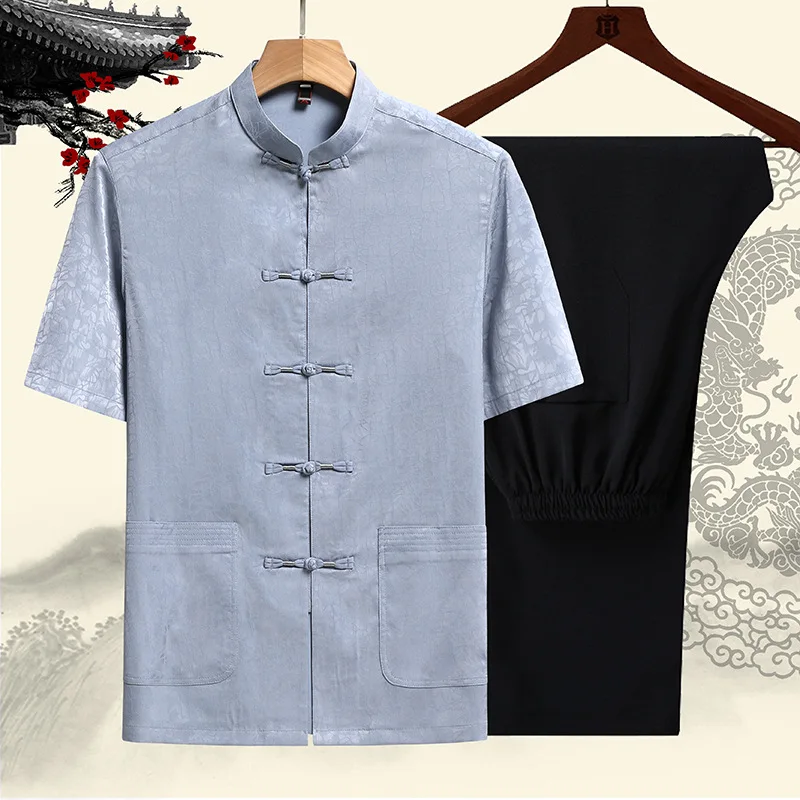 

Short Sleeve Linen Ethnic Solid Top&Pants Chinese Traditional Clothes Kung Fu Tang Suit Men Male Summer Breathable Blouse Set