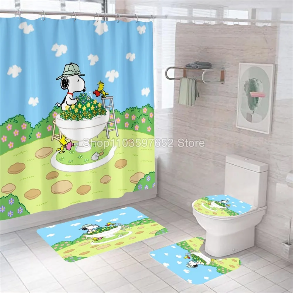 Cute Snoopy Bath Curtain 4PC Set Bathroom Shower Curtain Waterproof Curtains in the Bathroom Soft Bath Mat Toilet Carpet Rugs