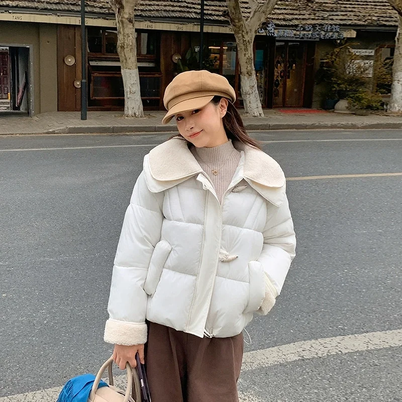 2025 Women Loose Cotton-padded Jacket Sweet Thicken Button up Warm Coat Winter Long Sleeves Casual Parkas Autumn Outerwear