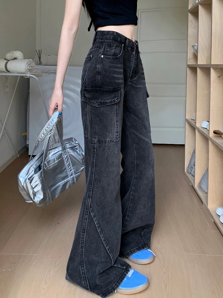 2024 Cyber Y2K Streetwear Washed Black Flare Cargo Jeans Pants For Women 90S Vintage Clothes Multi Pockets Cotton Lady Trousers