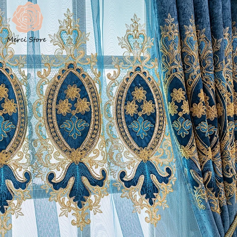 

New European Chenille Curtains for Villa Living Room Bedroom Bay Window Floor To Ceiling Light Filtering Sheer Drapes Finished