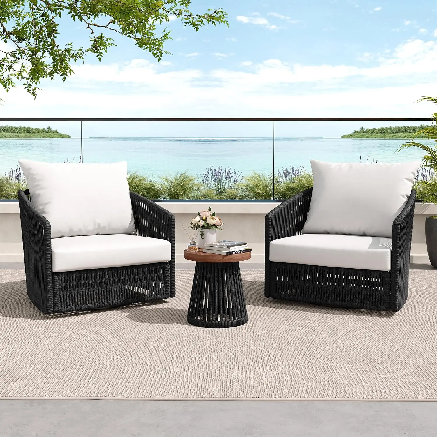 

Комплект мебели для патио из 3-х предметов, поворотный набор для бистро на открытом воздухе с журнальным столиком и толстыми подушками, мебель из плетеной веревки из полиэтилена