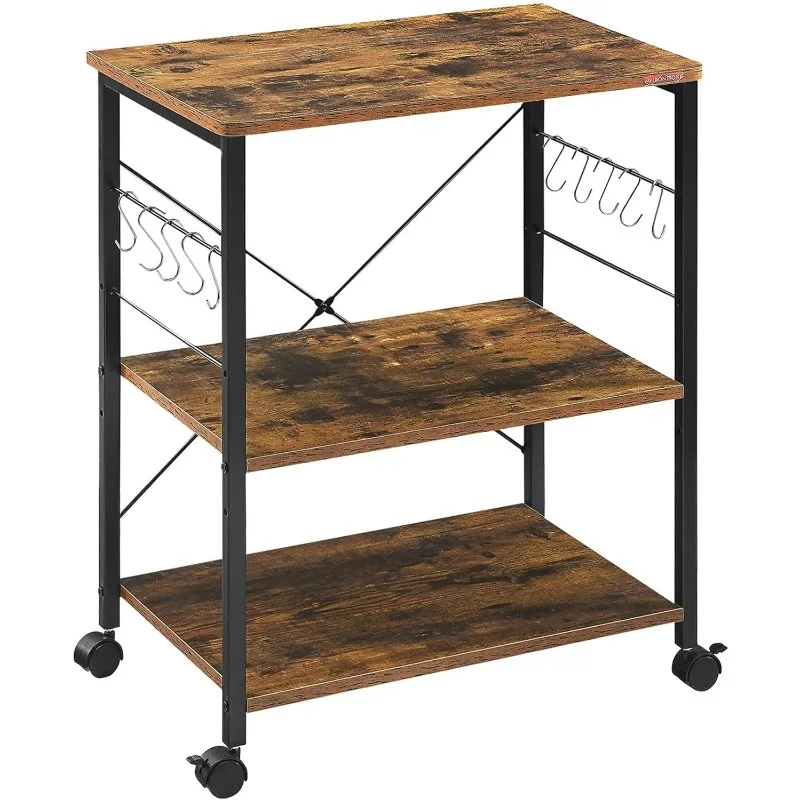 

Baker's Rack, Kitchen Microwave Cart, Coffee Bar Table Station, 3-Tier Kitchen Utility Storage Shelf with Rolling Wheels Coffee