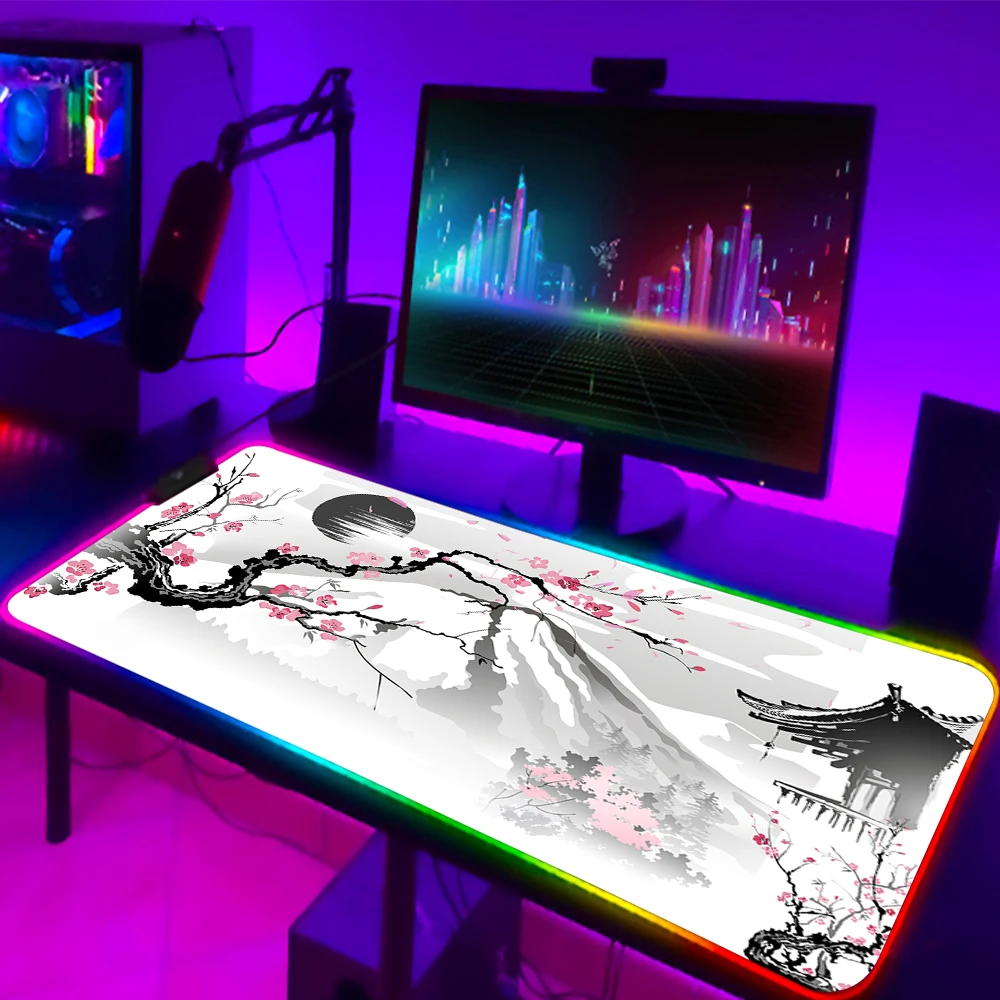 Sakula Computer Mouse Pad Japanese Cherry Blossom Non-Slip Mat Large Rubber Keyboard RGB Backlight Deskmat LED Stitch Things pad