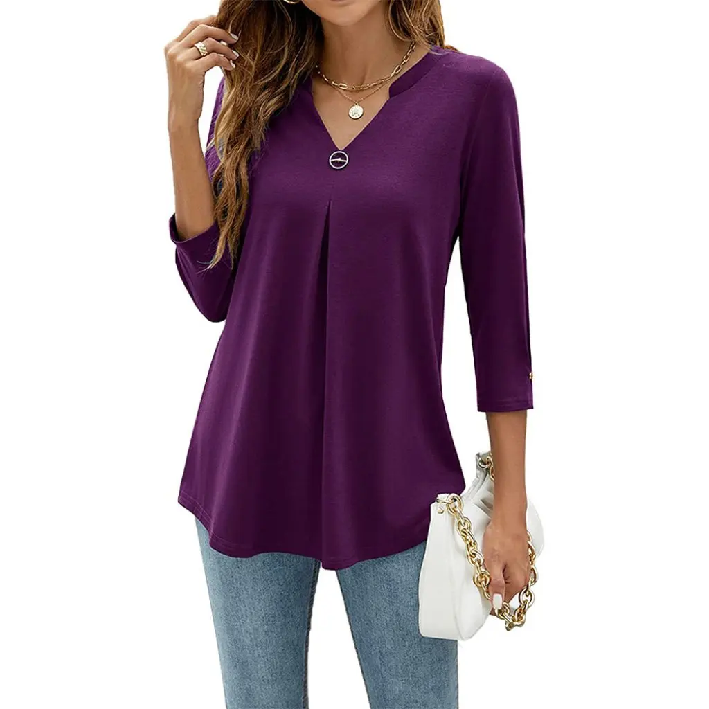 

Women's V-Neck T-Shirt Ten Colors Five Sizes Solid Color Nail Buckle Pleated Top for Large-Scale in Stock
