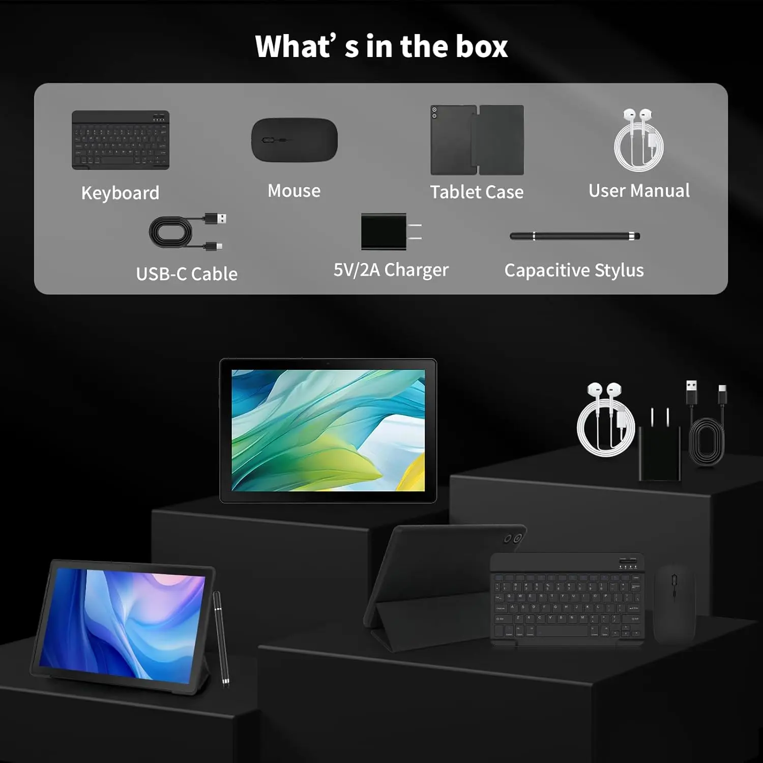 URAO 2025 Android Tablet 10 Inch 12GB+64GB Dual Camera 1TB Expansion 8in1 Tablets Kit with Keyboard Protective Case Mouse Stylus
