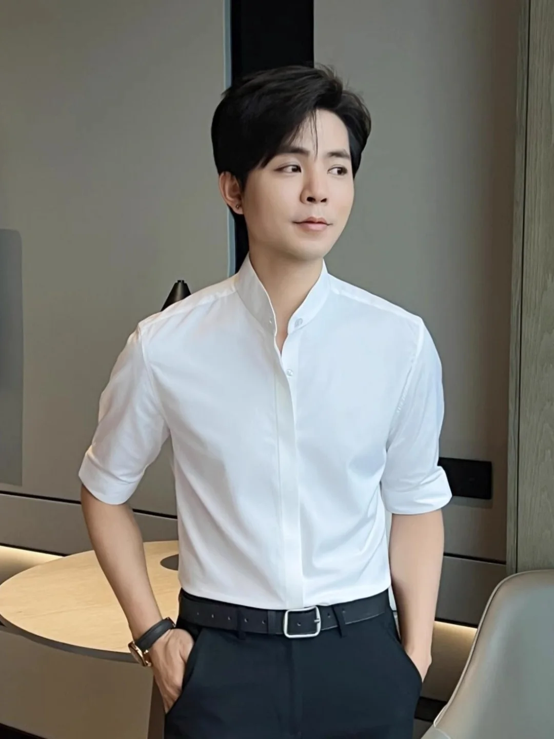 

New Summer Chinese Style Stand Collar Men's Shirt Half Sleeve Elegant Preppy Trendy Versatile High-End Feeling Five Sleeve Shirt