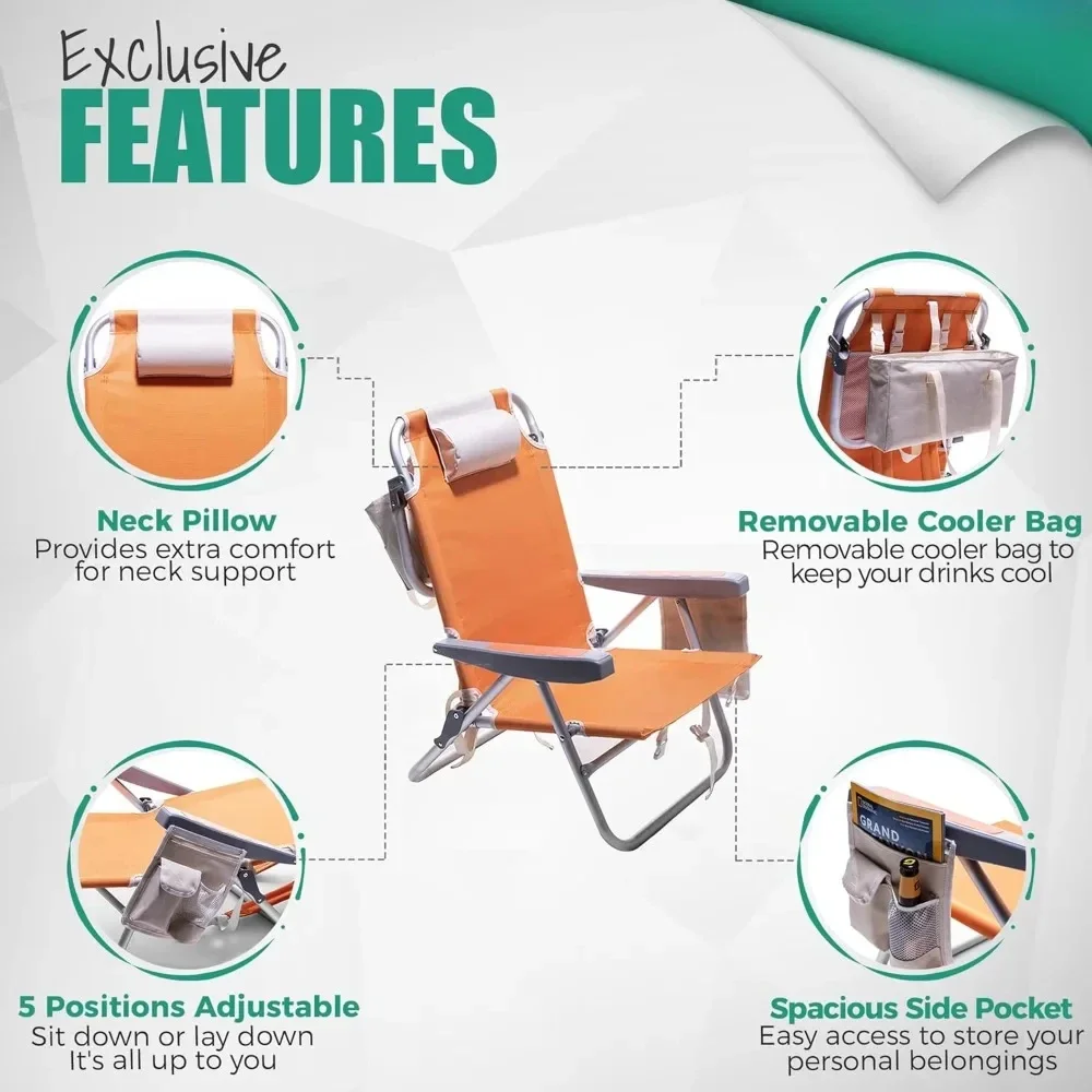 

Beach Chair Adult 2-Pack 5 Position Flat, Portable Folding Backpack with Cooler Bag, Outdoor, Lawn, Picnic Cup Holder