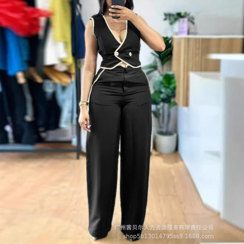 

Pant Set Women Two Piece Sets V Neck Sleeveless Short Tops Sexy Slim Matching Sets Wide Leg Long Pants High Waist Y2k Elegant