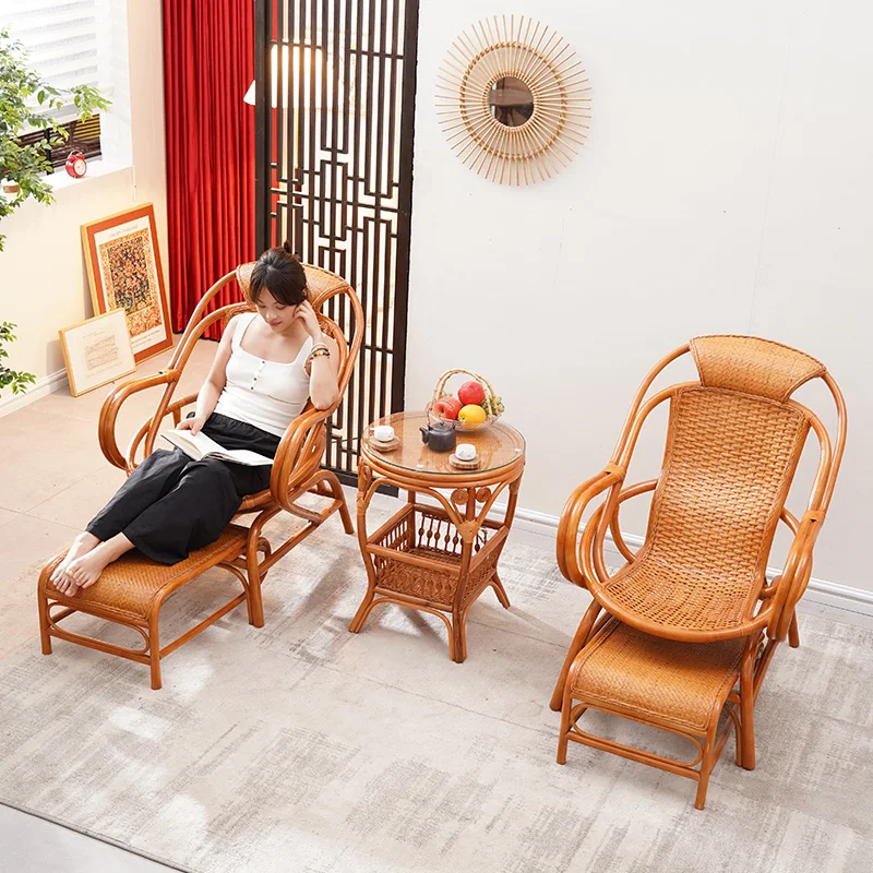 

rattan chair tea table chair combination three-piece backrest old chair natural rattan balcony single sofa recliner with pedals