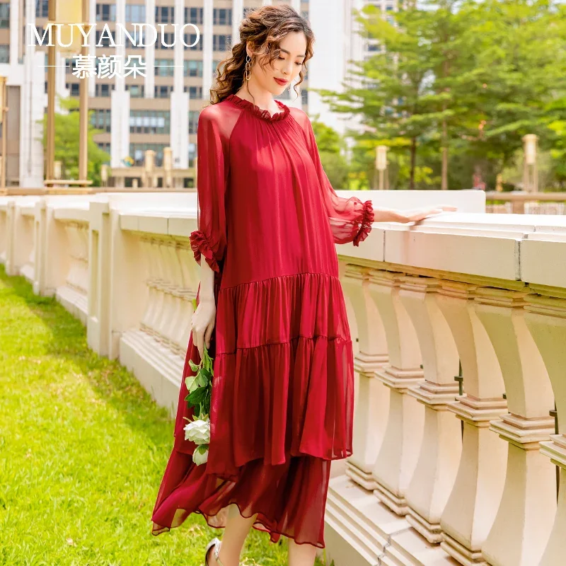 100% Silk Red Dress For Women Summer 2024 Long Dress Female Korean Fashion Ladies Elegant Dresses Casual Robe Femme WW02