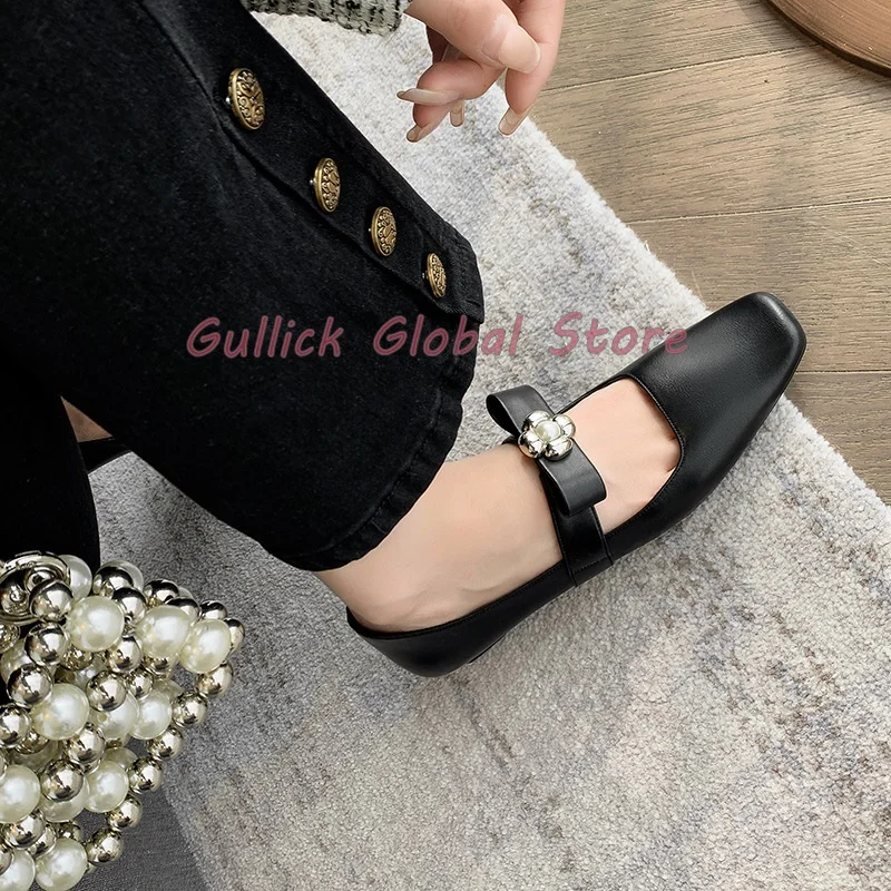 

2024 New Genuine Leather Square Toe Ankle Strap Flower Decoration Chunky Heels Pumps Summer Dress Casual Comfortable Soft Shoes