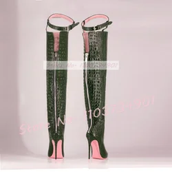 Alligator Thigh Strap Boots Women Pink Sole Back Zipper Pointed High Heels Shoes Ladies Sexy Slim Fashion Big Size Crotch Boots