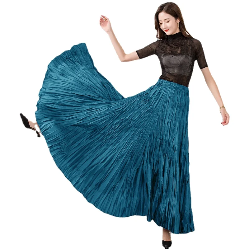 Miyake Large Hem Pleated Mid Length Skirt Female Elastic Waist Solid Color Irregular Skirt Female Elegant Closing Dancing Dress