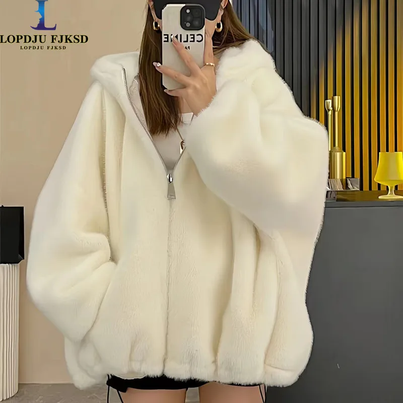 Faux Rabbit Fur Coat for Women,Korean Hooded Jacket, Thick Warm Female Clothes,Zipper, High Quality, Autumn and Winter, 2023