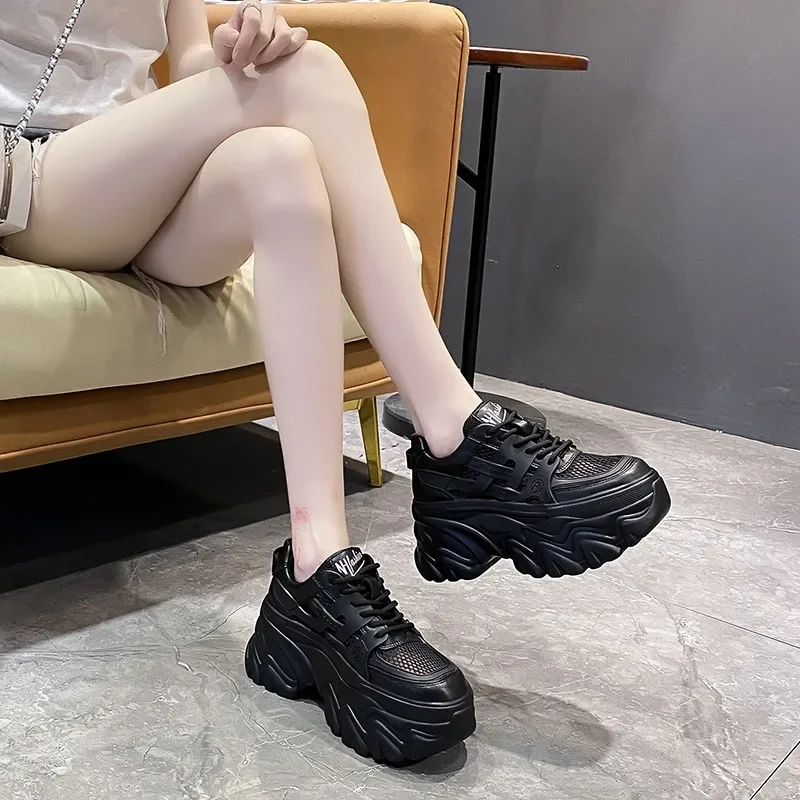 White Chunky Sneakers Women New 2024 Autumn Hidden Heel Platform Sports Dad Shoes Woman Lace Up Breathable Mesh Casual Shoes 8CM