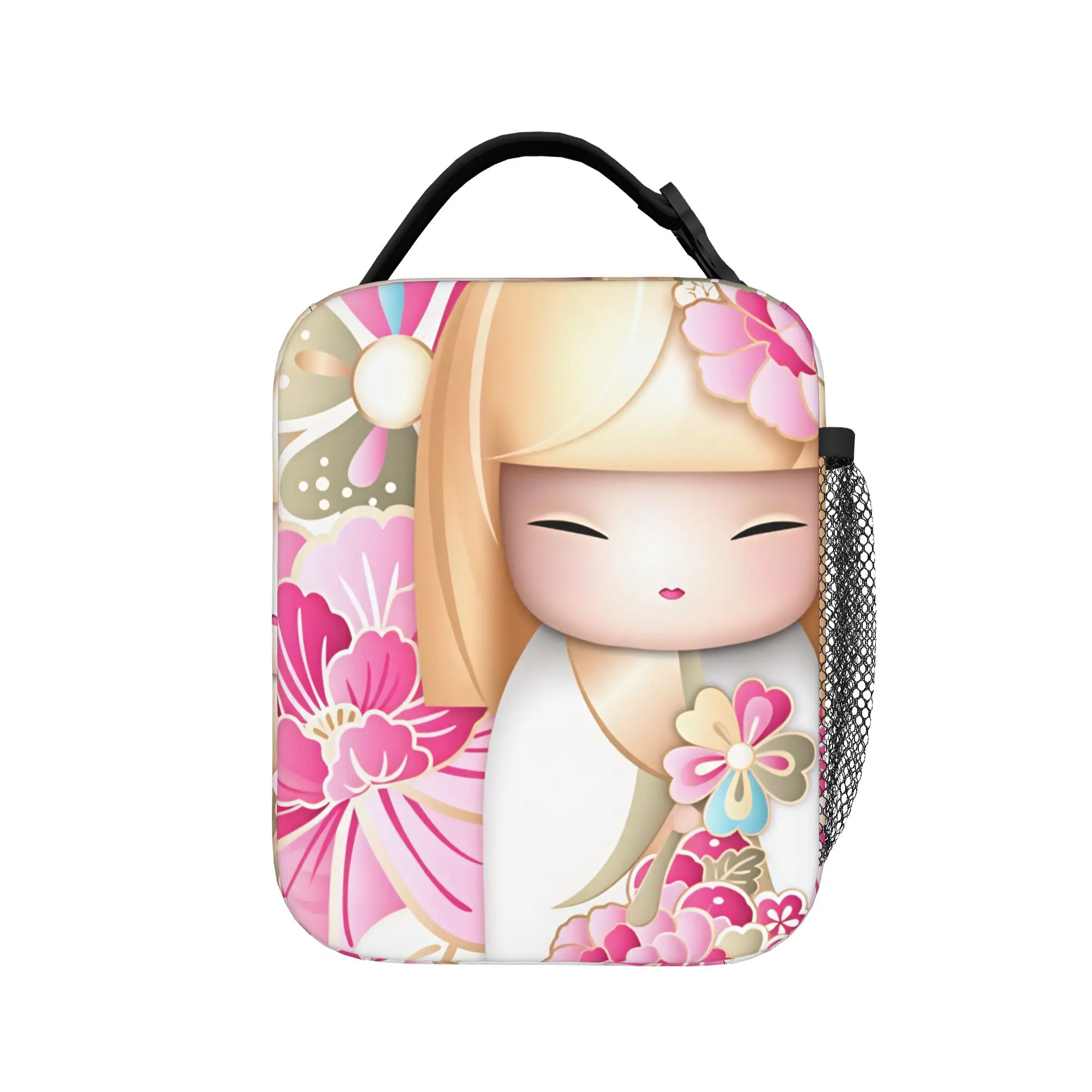 Japanese Girl Sakura Kokeshi Doll Lunch Bag  Office Lunch Box Kawaii Print Tote Food Bags Waterproof Portable Cooler Bag