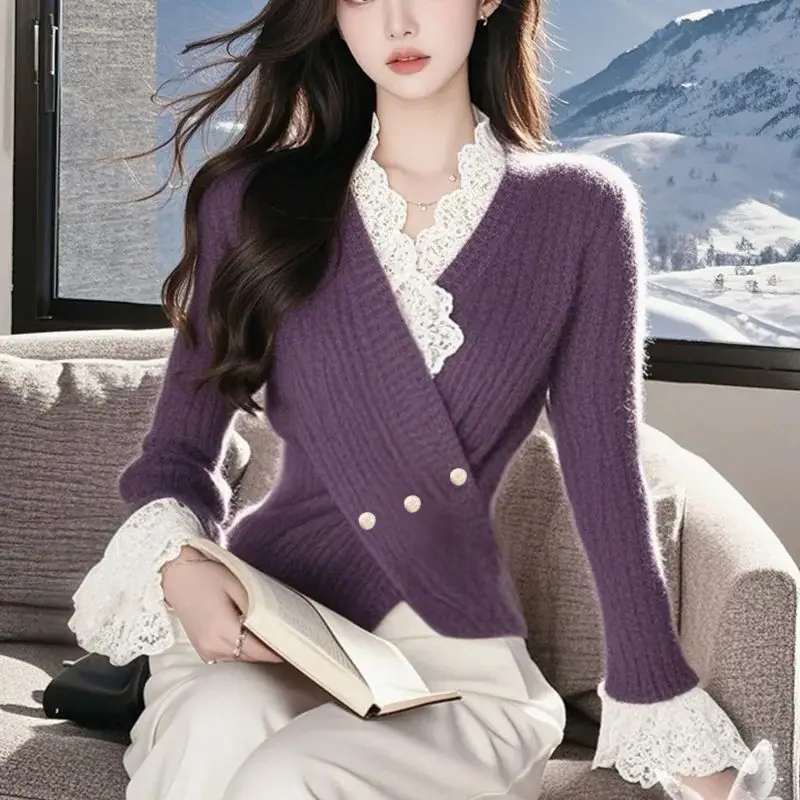 

Thin Lace Patchwork Purple Sweater French Cross Ins Minimalist Knit Sweater for Autumn and Winter Base
