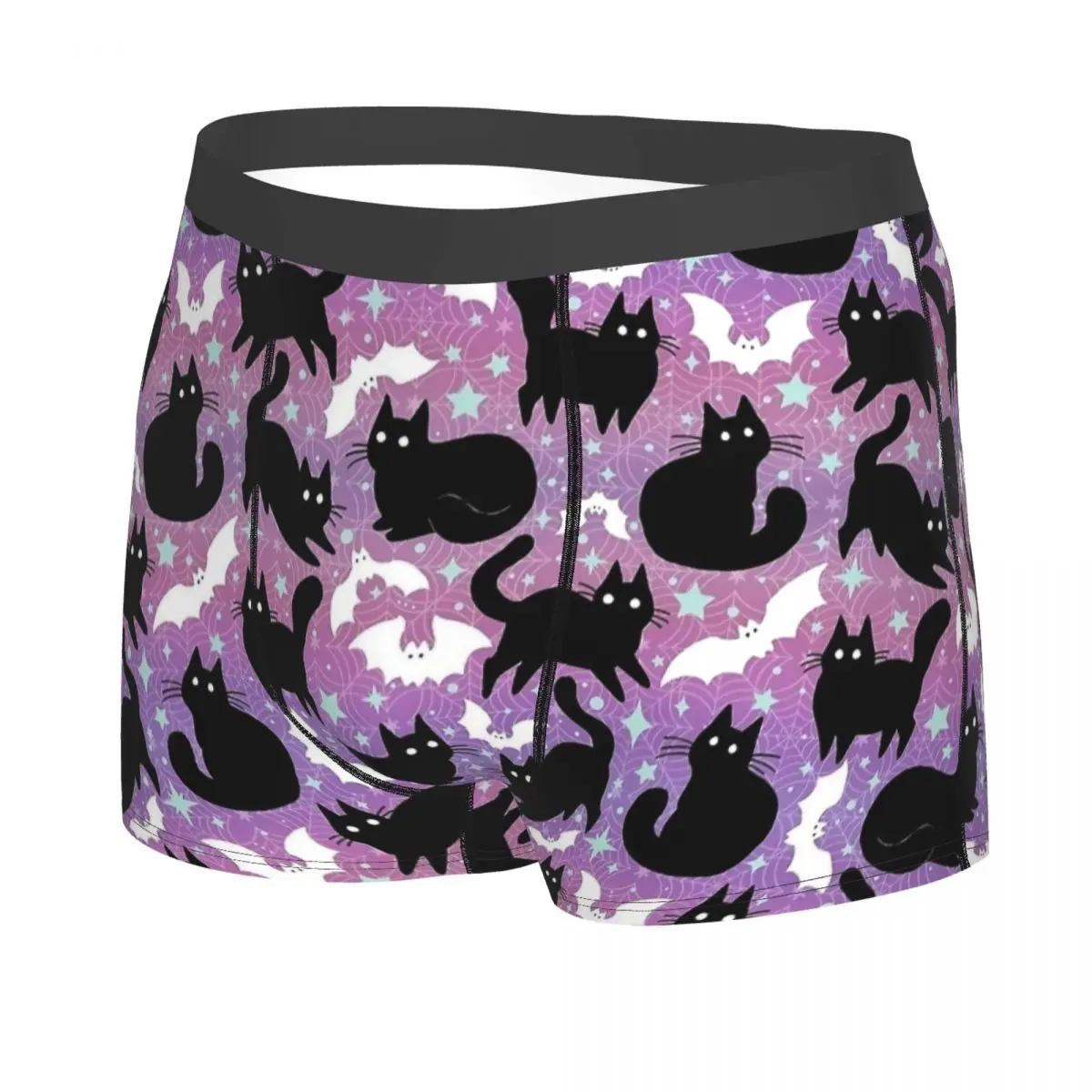 Shorts boxer de Halloween masculino com gatos pretos, roupa íntima longa, cueca macia, calcinha fofa, humor