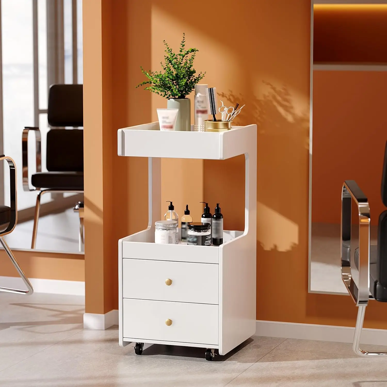 Carrito de Salón con 2 Cajones y 2 Bandejas, con Ruedas Bloqueables, Organizador de Herramientas, Gabinete de Almacenamiento para Salón de Belleza, Spa, Barbería, Personalizable