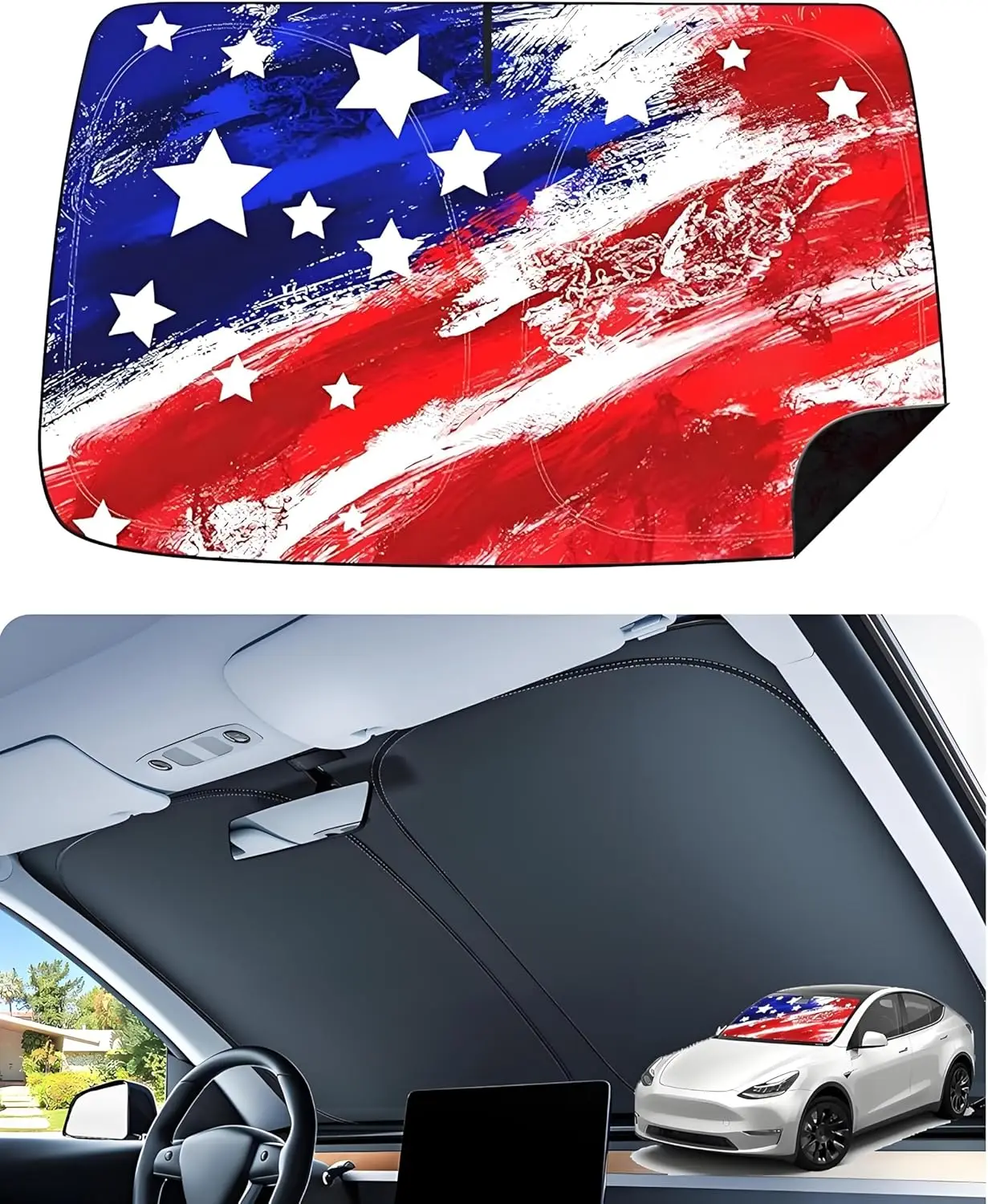 

Улучшенный солнцезащитный экран для Tesla Model Y, дизайн с американским флагом, блокирует 100% солнечных/УФ-лучей, складной козырек на лобовое стекло