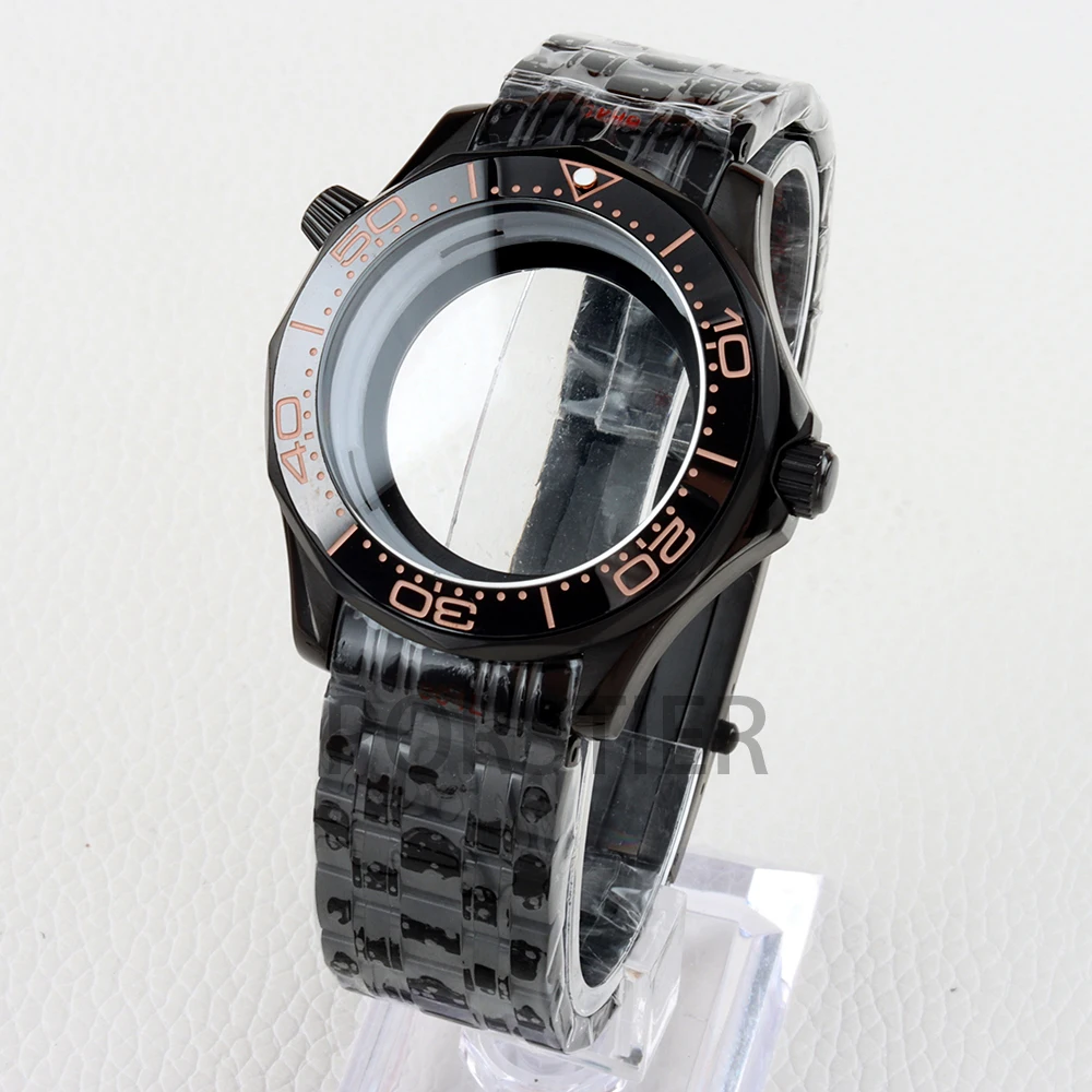 

High Quality 41mm NH35 Case Black PVD Stainless steel for Seamaster 300 31mm Dial NH35 NH36 movement Mens Watch Case Waterproof
