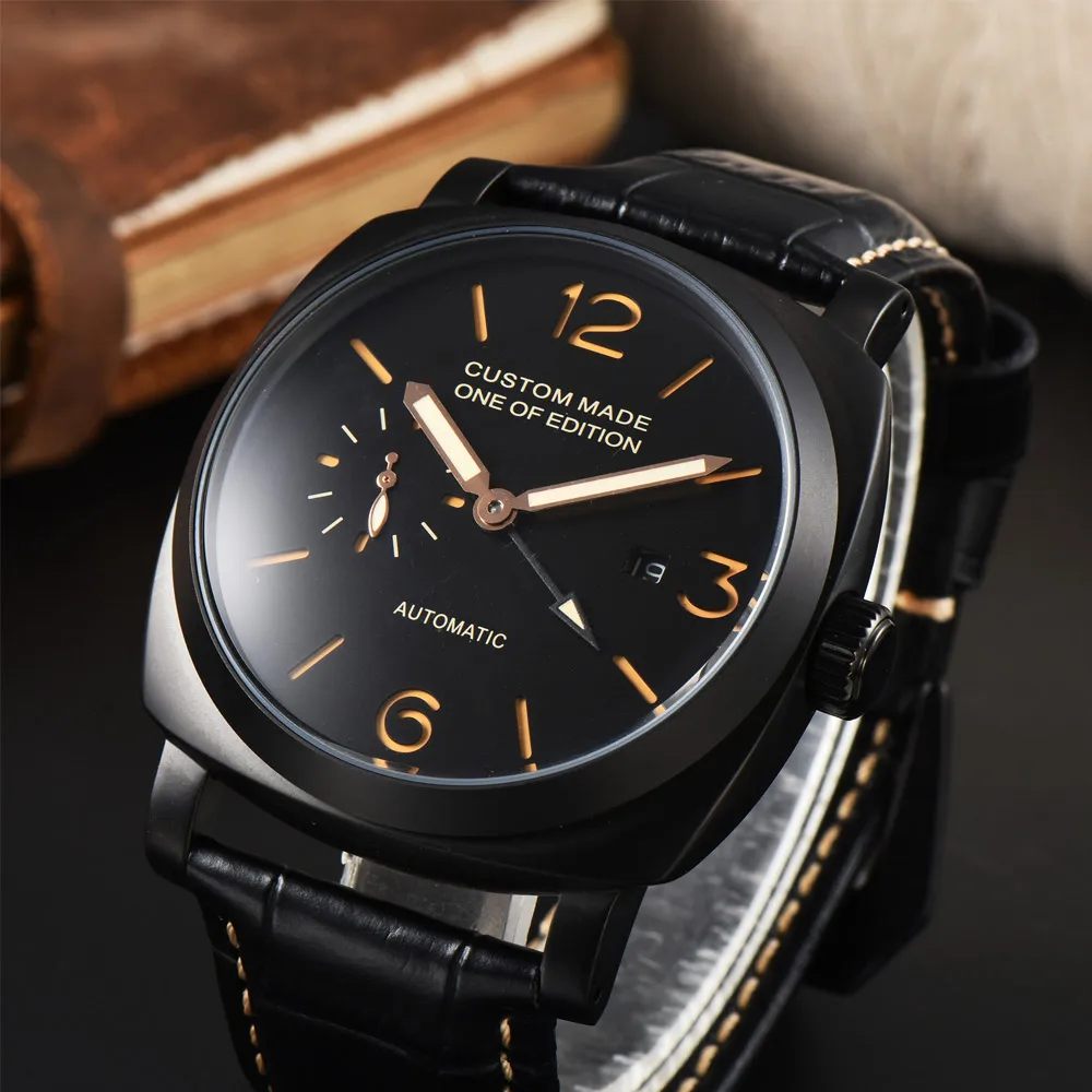 

45MM diameter fashionable black waterproof brown men's watch ST2557 movement luminous leather men's casual watch