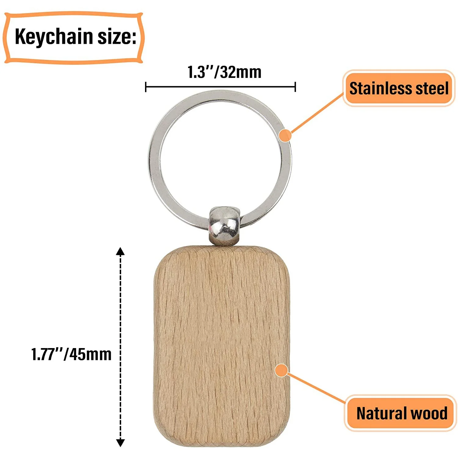 Porte-clés en bois vierge arrondi et rectangulaire, porte-clés pouvant être gravé, cadeau de bricolage, 60 pièces