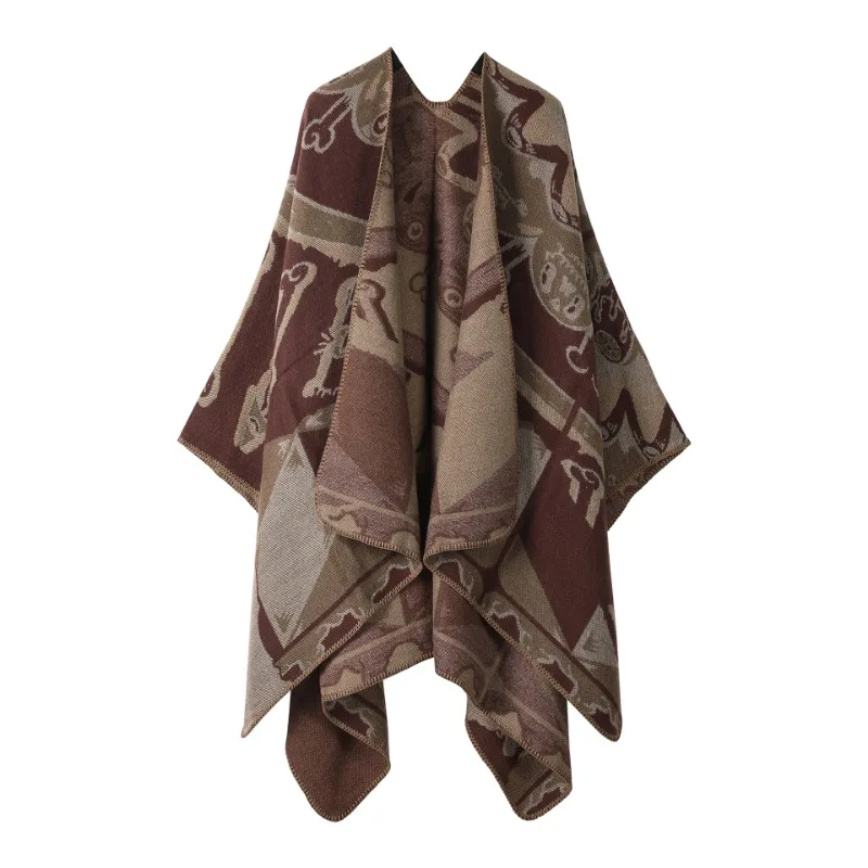 Male Split Hooded Shawl Ethnic Imitation Cashmere Poncho Warm Capes Hooded Coats Men Thickened Warm Tassel Cloak Triangle Jacket