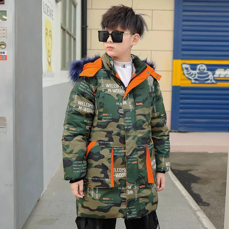 Winter Hooded Coat Thick Warm Cotton Clothes For Boys Fashion Camouflage Children Jacket 5-12 Years Kids Teen Snowsuit TZ473