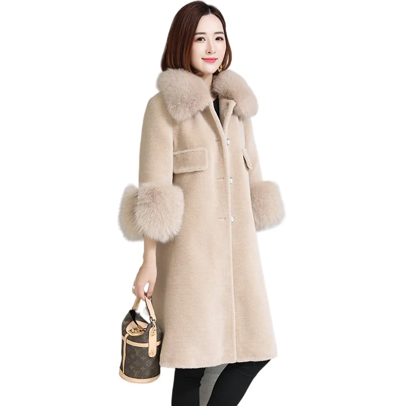 

AYUNSUE Winter Jacket Women Sheep Shearling Jacket Real Wool Fur Coats 2020 Luxury Natural Fox Fur Collar Long Warm Winter Coat